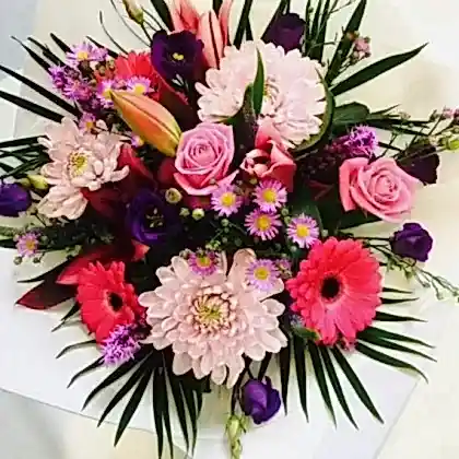 Pink roses carnations lilies peonies Hand Tied Flower Bouquet