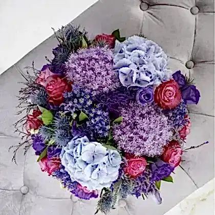 Buy Purple Hydrangea and Pink Rose Bouquet Delivery