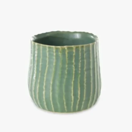Green Ribbed Ceramic Planter for Indoor Plants