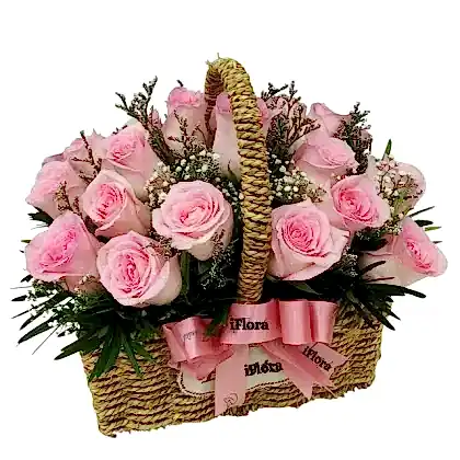 20 Pink Rose Flower in Basket