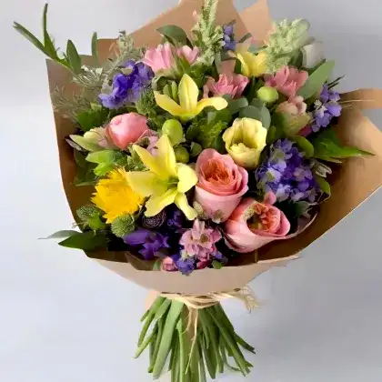Colorful Mixed Flower Bouquet with Pink Roses and Yellow Lilies for UK Delivery.
