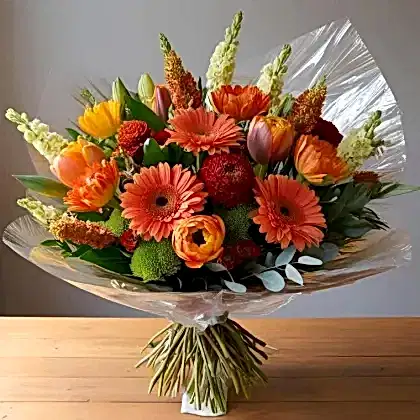Orange gerbera tulip bouquet For Easter day – Bright and vibrant blooms perfect for Easter celebrations.