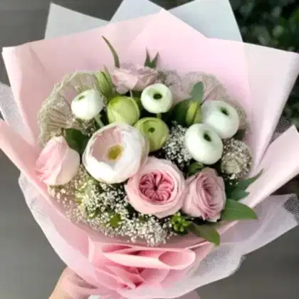 Pink and White Ranunculus Bouquet arranged with fresh, hand-tied blooms