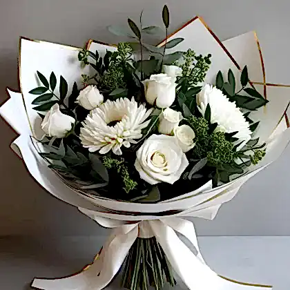 White Rose and Gerbera Bouquet featuring fresh hand-tied blooms