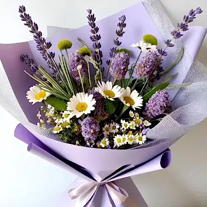 Lavender Chamomile and Daisy Bouquet with fresh lavender, chamomile, and daisies